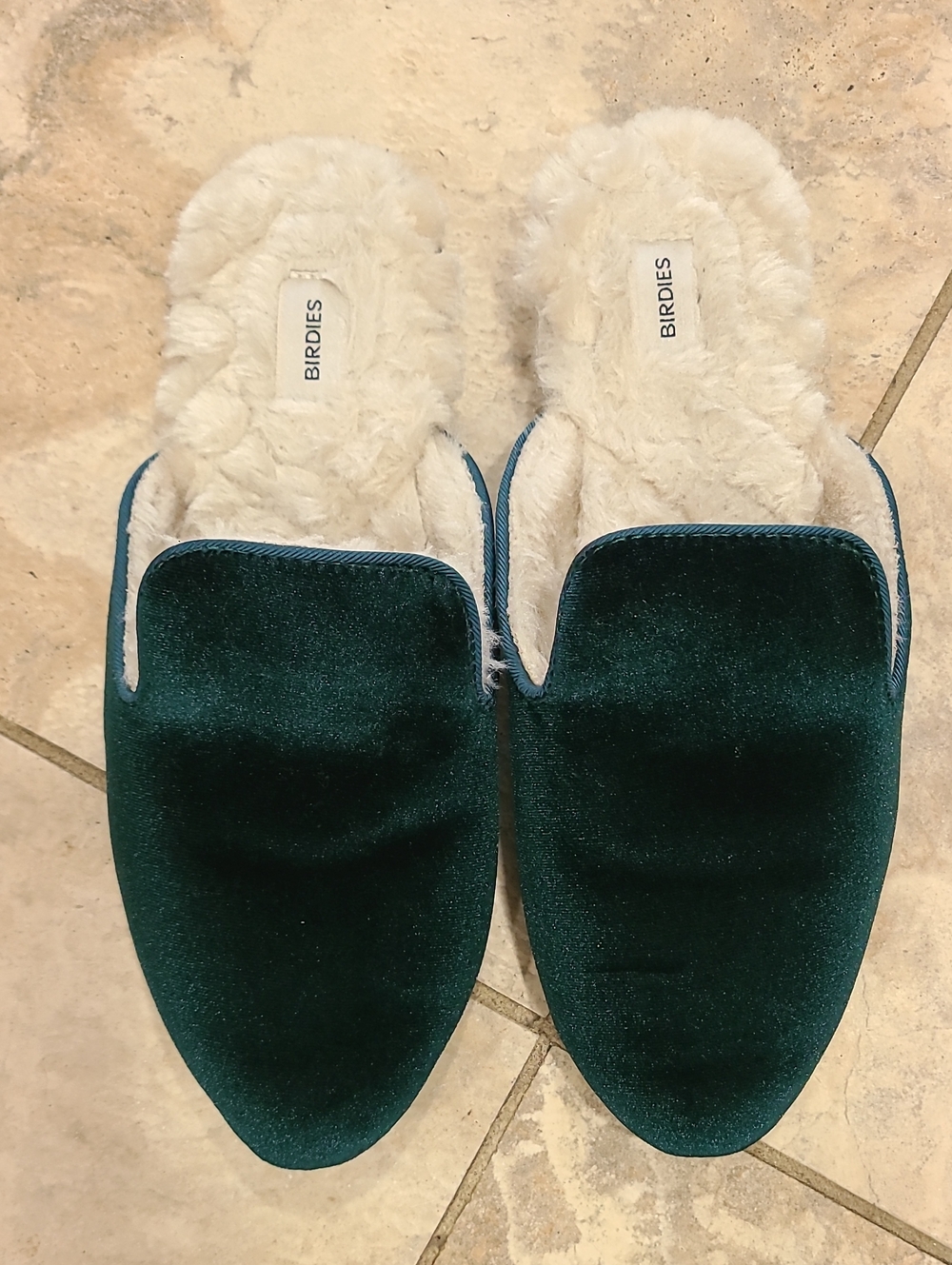 Birdies Velvet Mules in Deep Green with Cream Lining